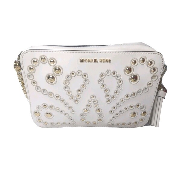 Michael Kors Ginny Crossbody Bag Gold Studs Off-White Leather AS IS Retail $248 - Picture 1 of 12